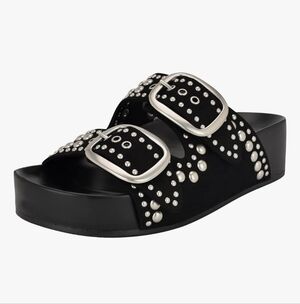 NWOT-Nine West Flinne Casua, Black With Double Straps, Studded Sandals. Size 8